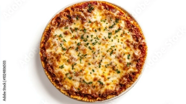 Fototapeta A top-down shot of lasagna with visible layers of pasta, thick meat sauce, and melted cheese, isolated on a white background, with the golden cheese top layer stealing the spotlight. -