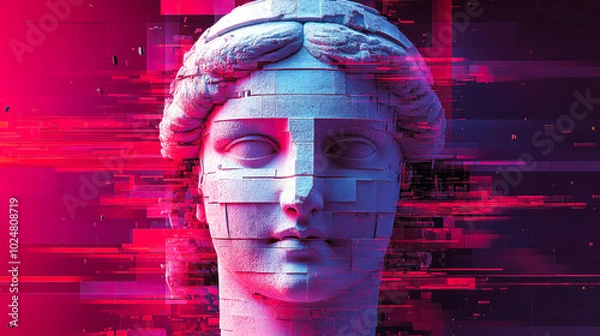Fototapeta A fragmented classical bust entwined with digital glitch effects, representing the intersection of history and technology in art.