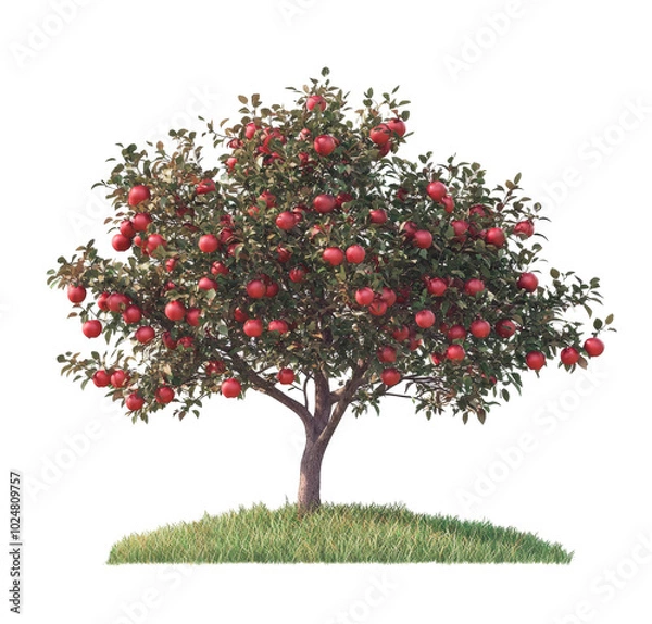 Fototapeta A vibrant apple tree full of ripe red apples with lush green leaves in a sunny landscape