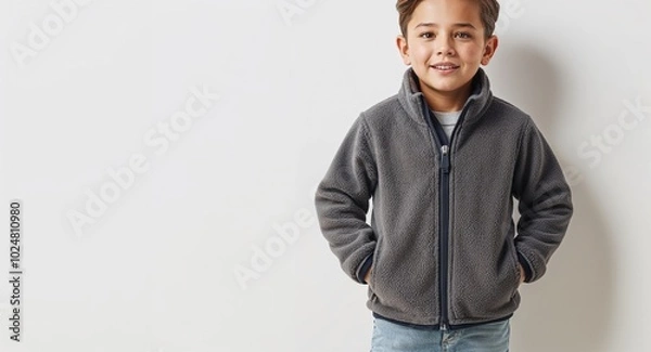Fototapeta Large grey fleece jacket for kid boys with zip closure on plain white background