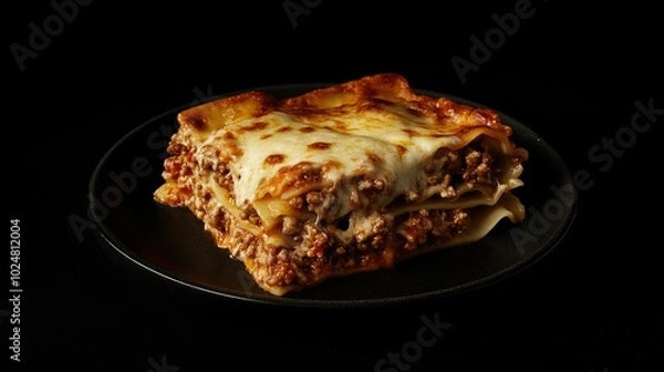 Obraz An enticing image of a lasagna slice with minced beef and bolognese sauce, presented on a plate from above, with melted cheese and crispy edges, set against a simple black background.