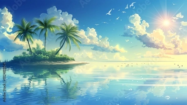 Fototapeta A cartoon illustration of a tropical island with palm trees and a beach.