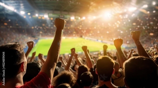 Fototapeta Cheering crowd at night stadium with raised fists and bright illumination