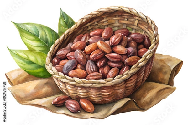 Fototapeta Watercolor hand drawn Lots of cocoa beans in a basket on white background