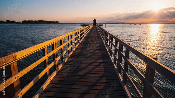Fototapeta The planked passage to the lighthouse on the seashore during the golden hour at dawn
