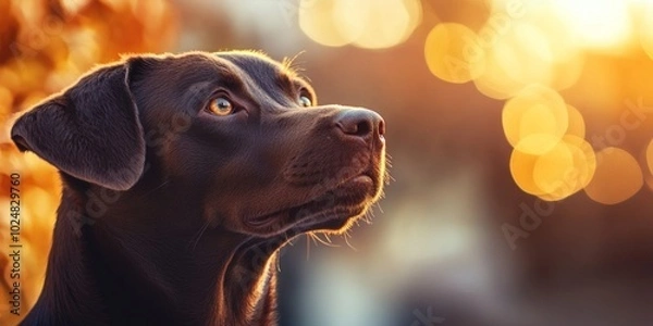 Fototapeta A beautiful black dog gazes into the distance, framed by a warm sunset glow. The soft light highlights its features, creating a peaceful atmosphere. A perfect capture for pet lovers. AI