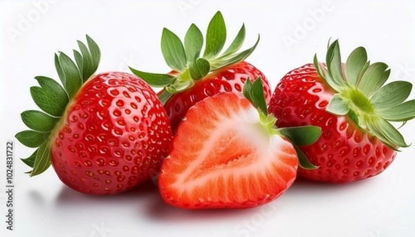 Fototapeta three strawberries and a cut off half isolated on white