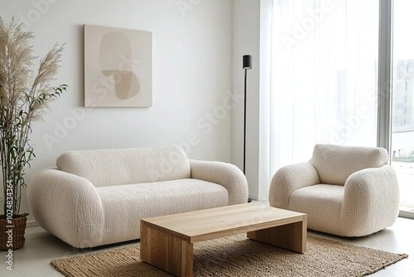 Fototapeta Minimalist, contemporary Japani interiors in the living room with white walls hanging with art frames and sofas and tables. Generative AI
