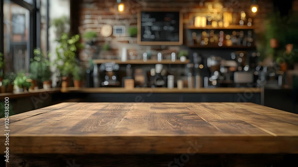 Fototapeta Cozy café interior with wooden table and plants in the background.