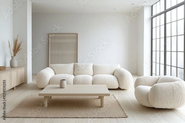 Fototapeta A modern Japani interior in the living room with minimalist, plush boucle sofas and armchairs and tables. Generative AI
