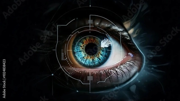 Fototapeta Close-up of a person's eye featuring a digital interface overlay, showcasing technology and human connection.