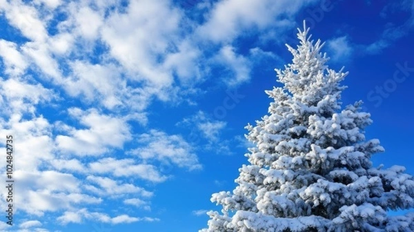 Fototapeta A vivid blue sky with prominent white clouds arranged to resemble a Christmas tree, adding a cheerful and seasonal touch to the scene.