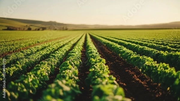Fototapeta Fields of green lettuce stretching into the horizon, with clear sky providing room for copy