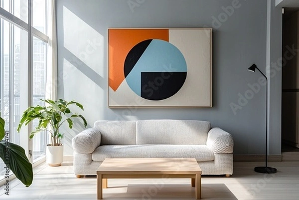 Fototapeta Minimalist, modern japandi interiors in the living room with light gray walls and boucle sofas with art frames hanging. Generative AI
