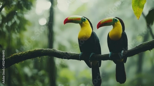Fototapeta Toucan in the Wild. Keel-billed Toucan Pair on Forest Branch in Costa Rica