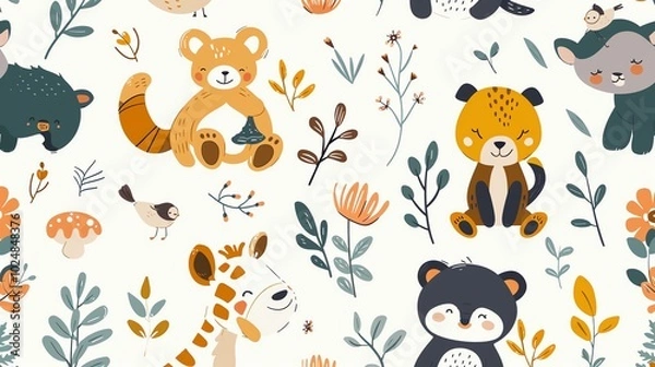 Fototapeta A seamless pattern of cute cartoon animals in the forest.
