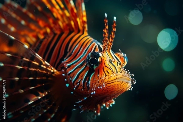 Fototapeta Mystic portrait of Scorpaenid Lionfish, copy space on right side, Close-up View, isolated on black background