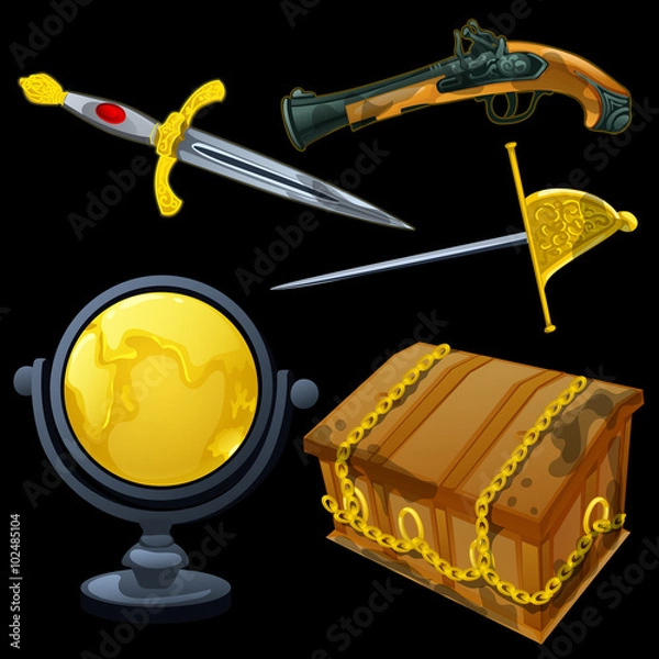 Obraz Set of ancient weapons and golden globe