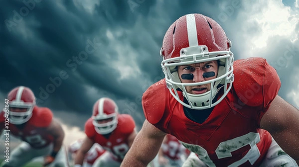 Fototapeta A dramatic scene showcasing football players in action under dark, stormy skies, highlighting intense competition and athletic skill on the field.