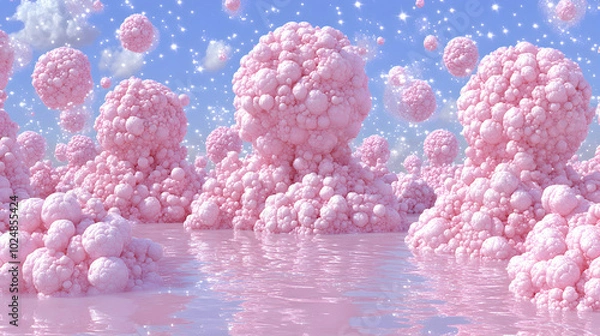 Obraz A surreal landscape with pink bubble-like formations floating in a pink liquid with a blue sky and white clouds in the background.