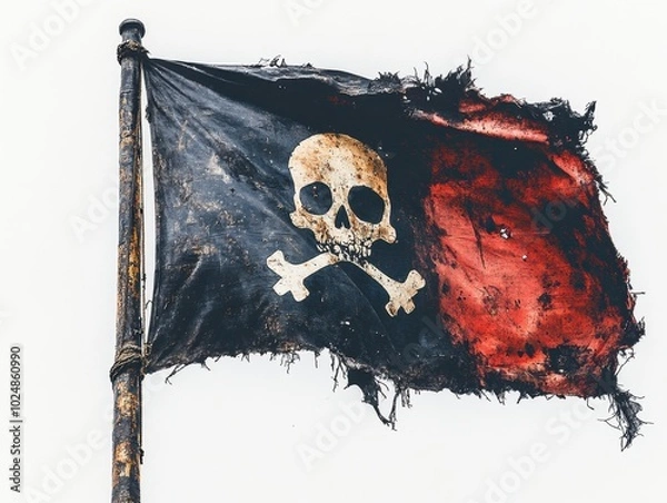 Fototapeta A solitary pirate flag fluttering, symbolizing adventure and rebellion, isolate on white background. 