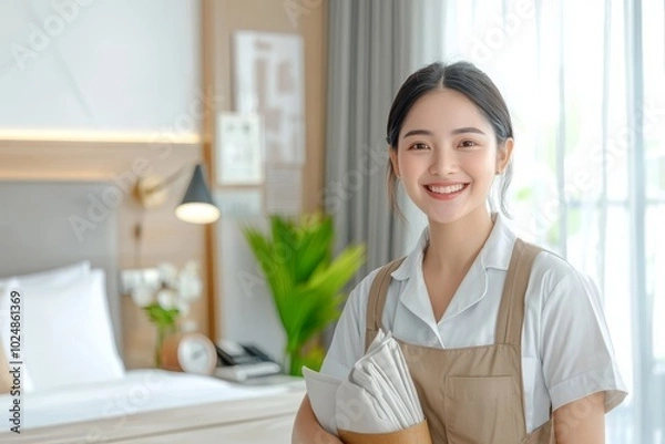 Fototapeta At the hotel bedroom, a chambermaid is posed in a tidy uniform