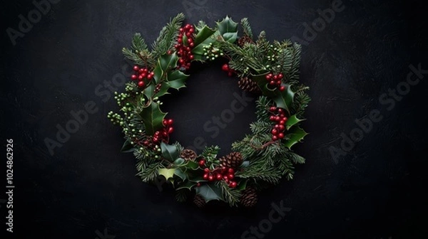 Obraz Top View of Elegant Circular Wreath with Pine Branches, Holly, Eucalyptus, Red Berries, and Pine Cones Against Dark Background for Festive Decor