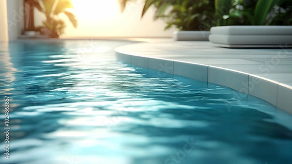 Fototapeta Serene poolside view with gentle water ripples and greenery.