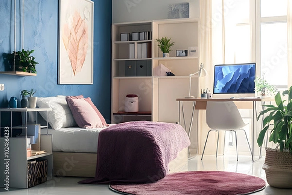 Fototapeta Interior of teenager's room with bed, shelf unit and workplace