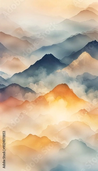 Fototapeta Serene Misty Mountain Landscape at Sunrise - Abstract Watercolor Art