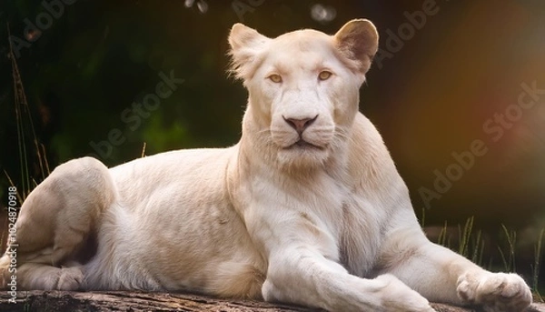 Fototapeta a majestic albino lioness reclining with a focused and intense gaze ai generated digital art