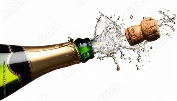 Obraz champagne bottle cork popping isolated