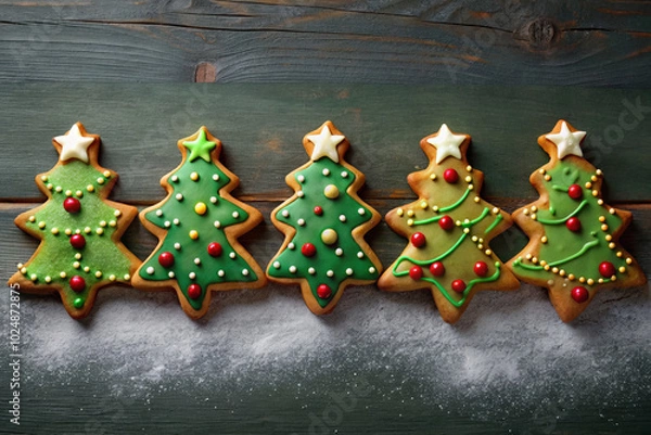 Fototapeta Christmas tree-shaped gingerbread cookies with icing on rustic wood background