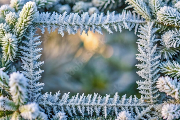 Fototapeta Close-up of frosted pine branches with blurred background