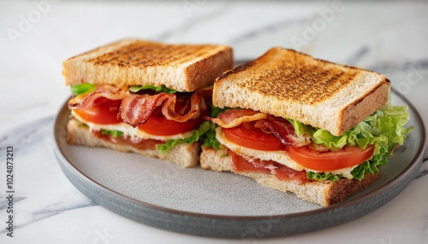 Fototapeta Delicious BLT sandwiches on ceramic plate. Lunch with bacon, lettuce and fresh tomatoes. Tasty snack