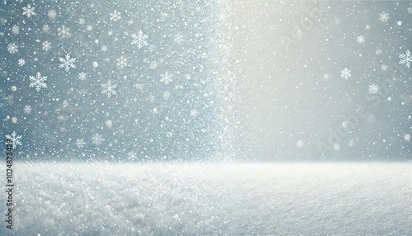 Fototapeta Snowy landscape with falling snowflakes and soft lighting