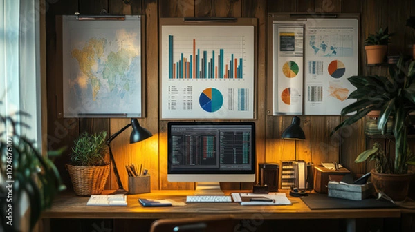 Fototapeta A retro-style workspace with pie charts and bar graphs on vintage-style paper, classic currency symbols displayed on wall-mounted posters, signifying mid-century economic ideas