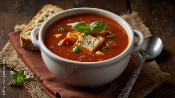 Obraz A bowl of tomato soup with croutons and basil, served with a side of bread on a rustic wooden table.