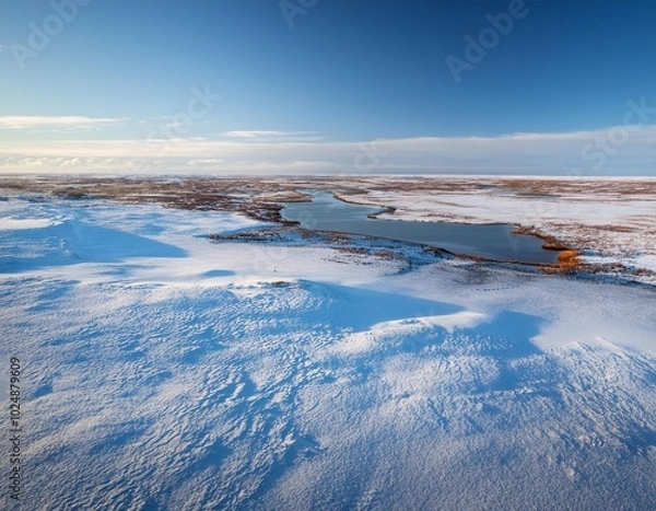 Obraz Snowy Tundra Landscape Stretching Across a Flat Horizon, With Patches of Icy Blue Water and Frozen Marshlands, All Under a Pale Winter Sky