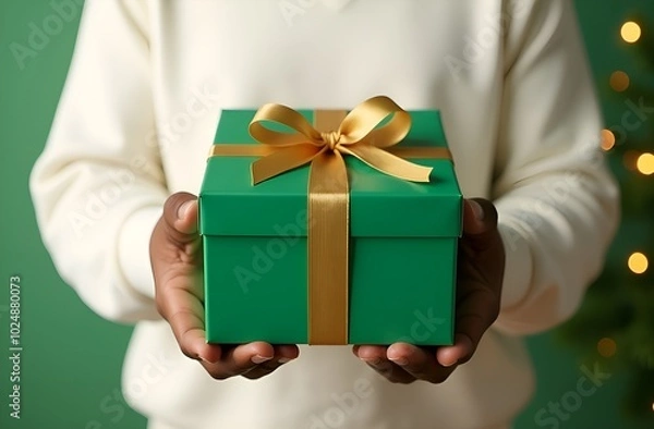 Fototapeta A woman in a white sweater holds a Christmas gift box with a gold ribbon in a festive Christmas atmosphere. Blurred lights on a light green background.