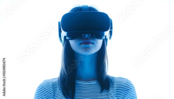 Fototapeta Young Girl Experiencing Virtual Reality with a VR Headset in a Minimalistic White Setting, Representing Future Technology and Immersive Experiences