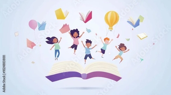 Fototapeta Storybook characters jumping out of digital pages, vector illustration with kids enjoying a magical reading experience