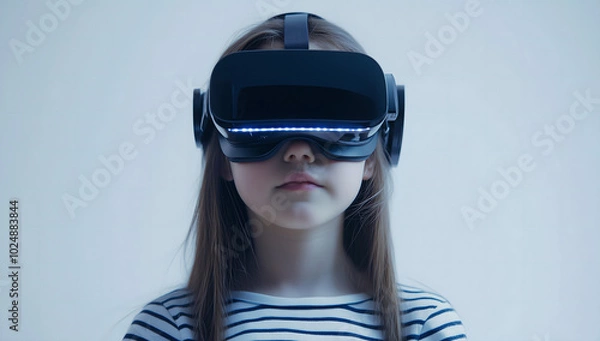 Fototapeta Young Girl Experiencing Virtual Reality with a VR Headset in a Minimalistic White Setting, Representing Future Technology and Immersive Experiences