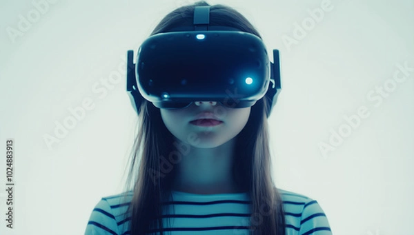 Fototapeta Young Girl Experiencing Virtual Reality with a VR Headset in a Minimalistic White Setting, Representing Future Technology and Immersive Experiences