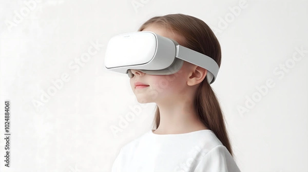 Fototapeta Young Girl Experiencing Virtual Reality with a VR Headset in a Minimalistic White Setting, Representing Future Technology and Immersive Experiences