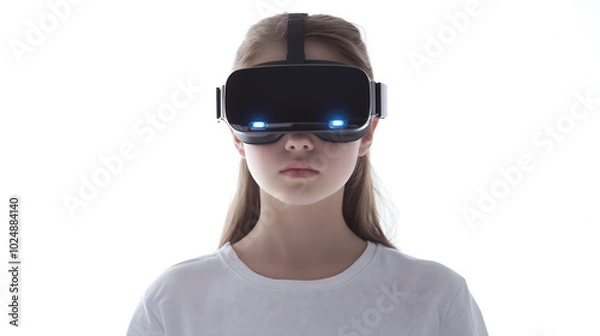 Fototapeta Young Girl Experiencing Virtual Reality with a VR Headset in a Minimalistic White Setting, Representing Future Technology and Immersive Experiences