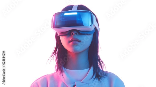 Fototapeta Young Girl Experiencing Virtual Reality with a VR Headset in a Minimalistic White Setting, Representing Future Technology and Immersive Experiences