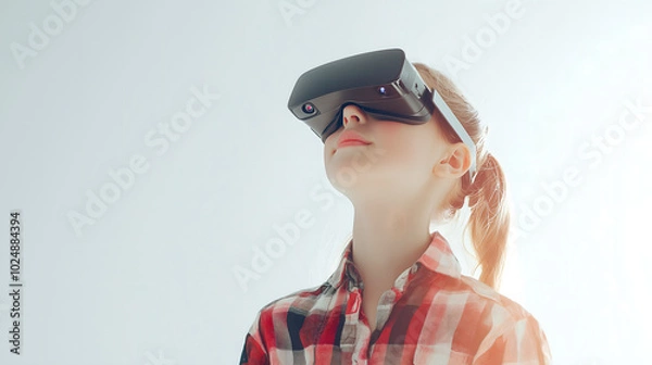 Fototapeta Young Girl Experiencing Virtual Reality with a VR Headset in a Minimalistic White Setting, Representing Future Technology and Immersive Experiences