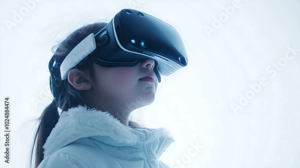 Fototapeta Young Girl Experiencing Virtual Reality with a VR Headset in a Minimalistic White Setting, Representing Future Technology and Immersive Experiences