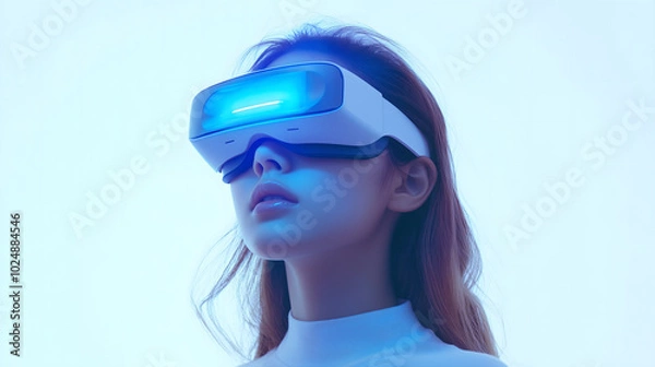 Fototapeta Young Girl Experiencing Virtual Reality with a VR Headset in a Minimalistic White Setting, Representing Future Technology and Immersive Experiences